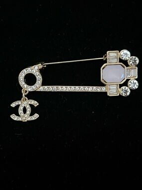 Silver-Tone Pave Safety Pin Brooch with CC Charm